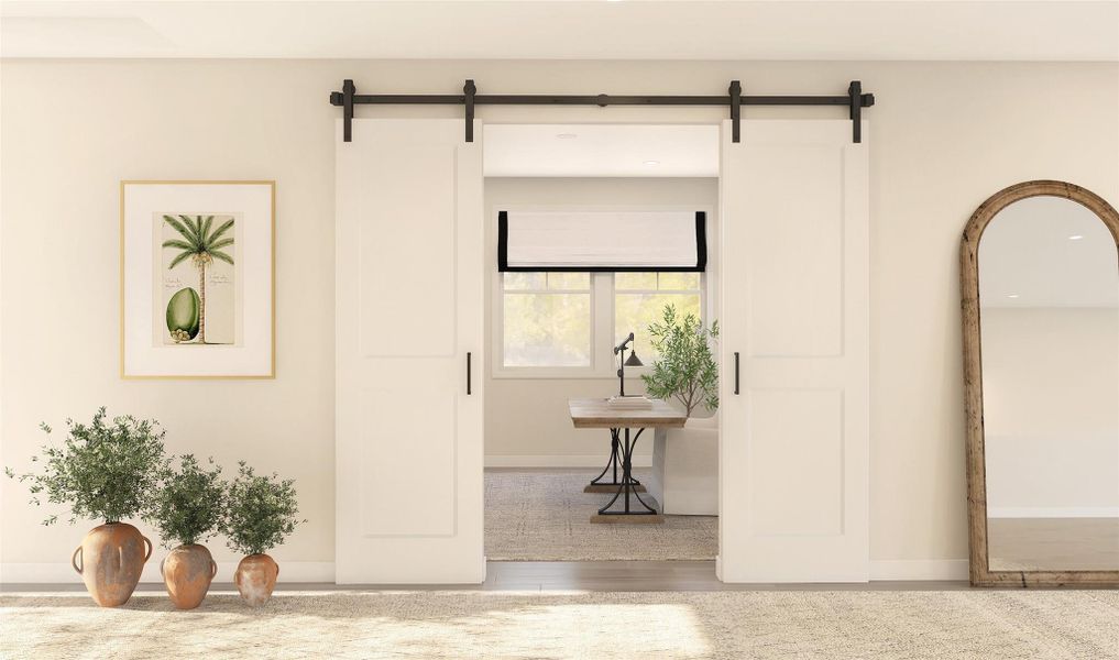 Barn doors on home office (*Artist rendering used for illustration purposes only.)