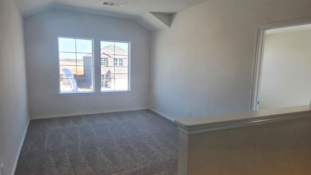 Unfurnished room featuring carpet floors and vaulted ceiling