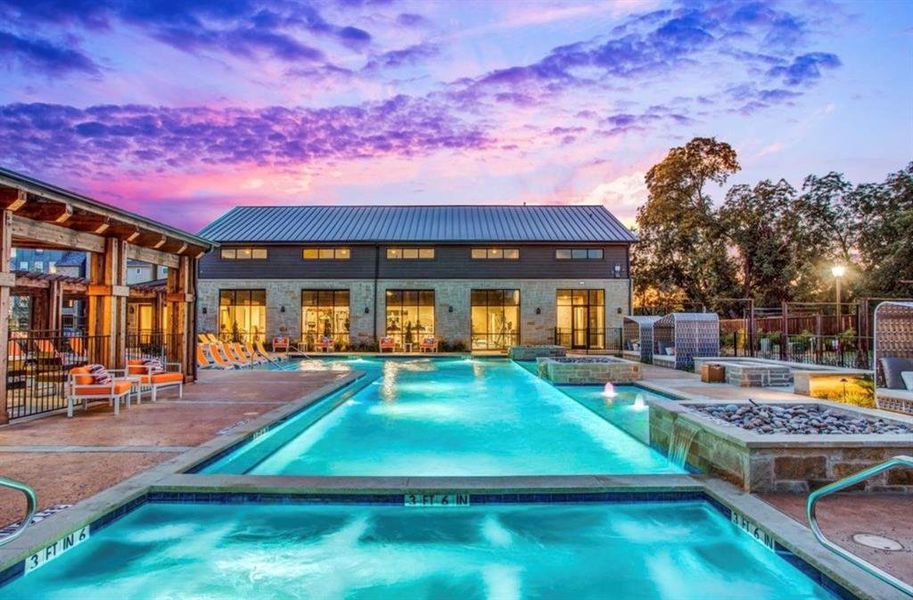 Community pool steps away from home with pool, spa, tanning ledge, and patio