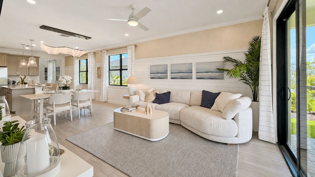 Living room overlooking dining room and kitchen