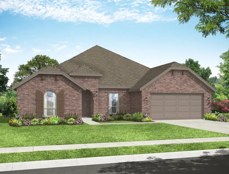 Representative exterior photo of a completed home built from the Hampton by Impression Homes in Still Water Lake Estates, Godley, TX (Image 2). Representative exterior photo of a completed home built from the Hampton by Impression Homes in Still Water Lake Estates, Godley, TX (Image 2).
