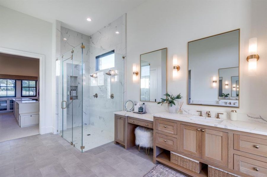 Full bathroom with vanity and a marble finish shower Full bathroom with vanity and a marble finish shower