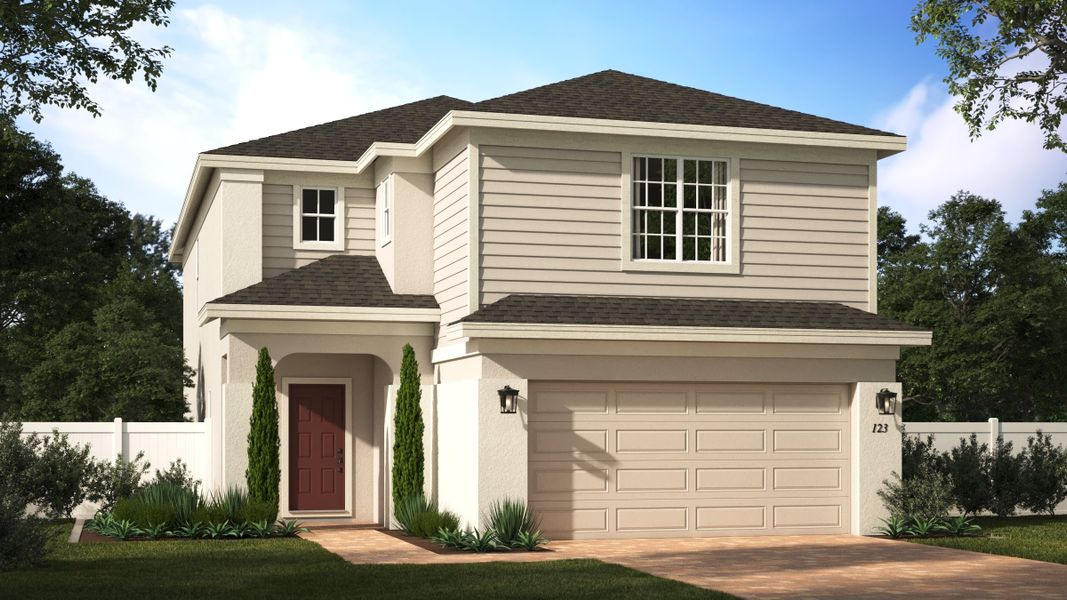 Representative exterior photo of a completed home built from the Sebastian by Risewell Homes in Trinity Lakes, Groveland, FL (Image 6). Representative exterior photo of a completed home built from the Sebastian by Risewell Homes in Trinity Lakes, Groveland, FL (Image 6).