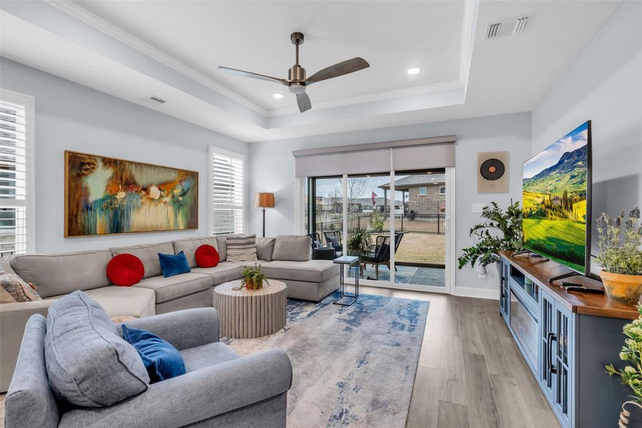 The multi-sliding doors open up to another living space outside. The multi-sliding doors open up to another living space outside.