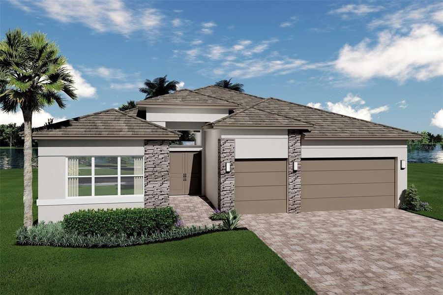 Front exterior of a new home in Valencia Ridge, Wesley Chapel, FL, highlighting curb appeal (Image 24).