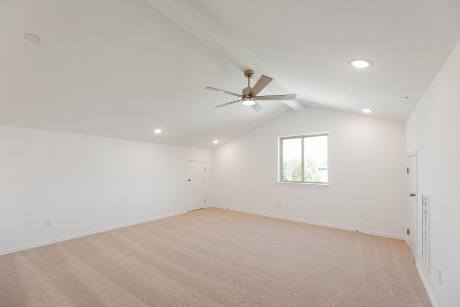 Game Room/Loft featuring beam ceiling, recessed lighting, light colored carpet, and a ceiling fan