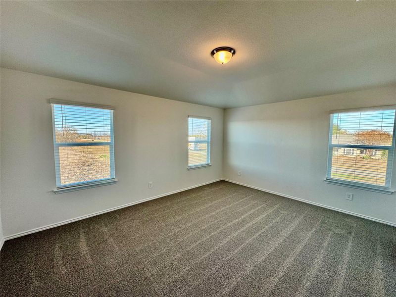 Empty room featuring healthy amount of natural light, dark carpet, and a textured ceiling