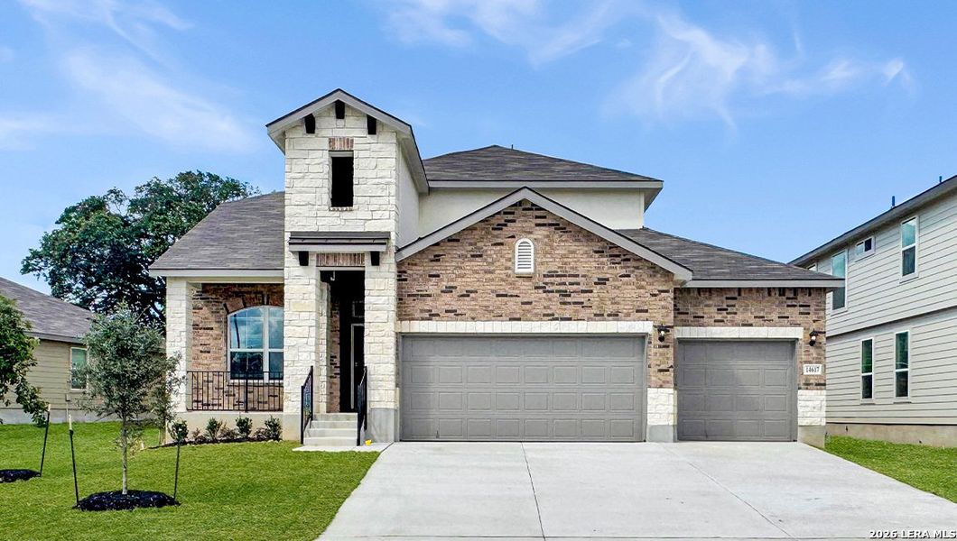 Front exterior of a new home in Riverstone at Westpointe, San Antonio, TX, highlighting curb appeal (Image 1). Front exterior of a new home in Riverstone at Westpointe, San Antonio, TX, highlighting curb appeal (Image 1).