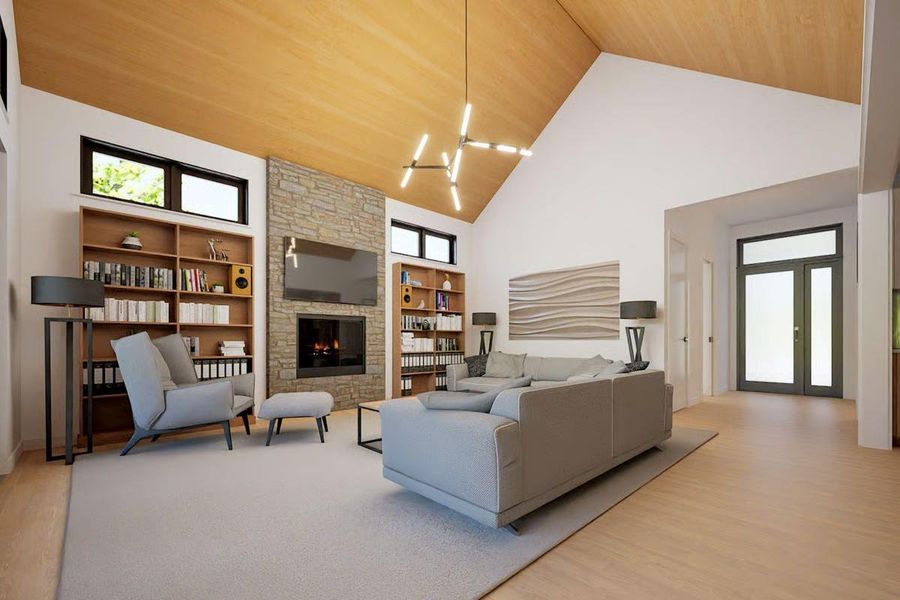 Spacious great room featuring a soaring vaulted wood ceiling and a stunning gas fireplace with a stone surround. Spacious great room featuring a soaring vaulted wood ceiling and a stunning gas fireplace with a stone surround.