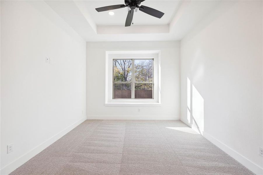 Spare room featuring light carpet, a tray ceiling, and ceiling fan