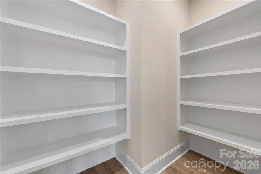 Walk-in pantry with upgraded built-in shelves