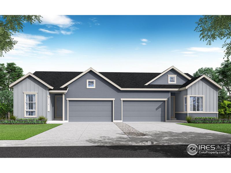 Front exterior of a new home in Westside Crossing Paired Homes, Berthoud, CO, highlighting curb appeal (Image 1).