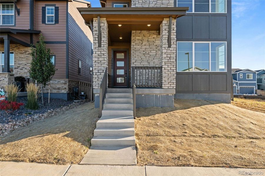 Exterior details and patio area of a home in Painted Prairie, Aurora (Image 25).