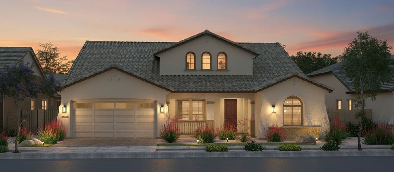 Representative exterior photo of a completed home built from the Spud Point by Fulton Homes in Sonoma Coast, Queen Creek, AZ (Image 2). Representative exterior photo of a completed home built from the Spud Point by Fulton Homes in Sonoma Coast, Queen Creek, AZ (Image 2).