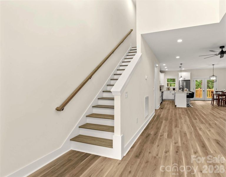 Stairs to up. No carpet in home.