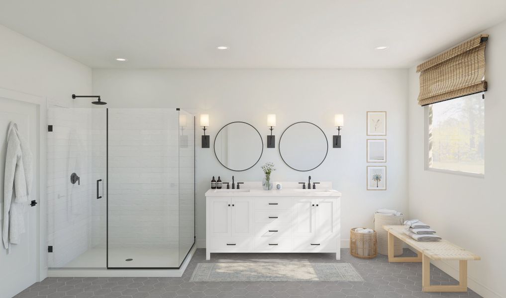 Primary bath with freestanding vanity