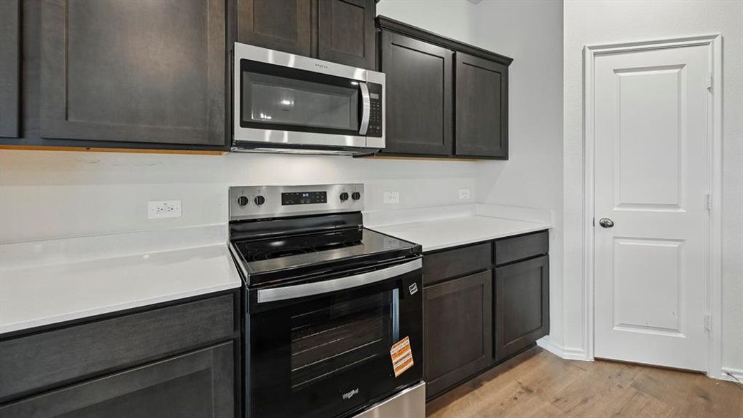 Kitchen with stainless steel appliances, light wood-style flooring, and dark wood finish cabinetry