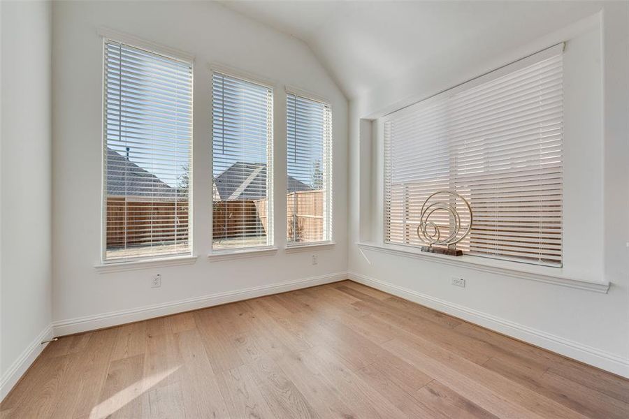 Unfurnished room with vaulted ceiling and light wood-type flooring