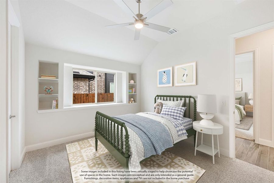 Children's bedroom with vaulted ceiling, ceiling fan, built-in shelves, and green spindle bed on carpet
