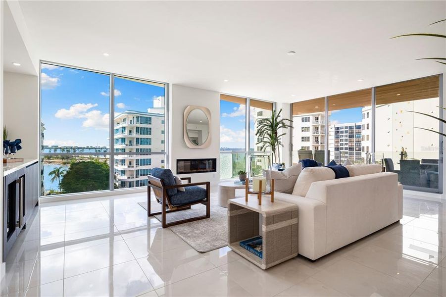 Open living room with beautiful views of Sarasota Bay and downtown Sarasota.