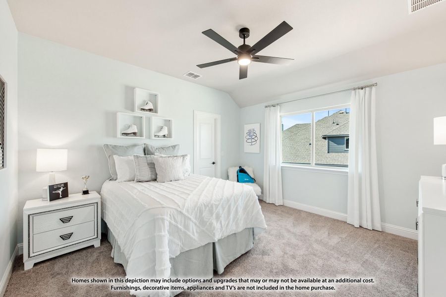 Bedroom with vaulted ceiling, ceiling fan, carpet flooring, and a window with white curtains Bedroom with vaulted ceiling, ceiling fan, carpet flooring, and a window with white curtains