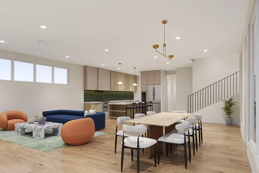 Dining room with stairs, light wood-style floors, recessed lighting, and a ceiling fan Dining room with stairs, light wood-style floors, recessed lighting, and a ceiling fan