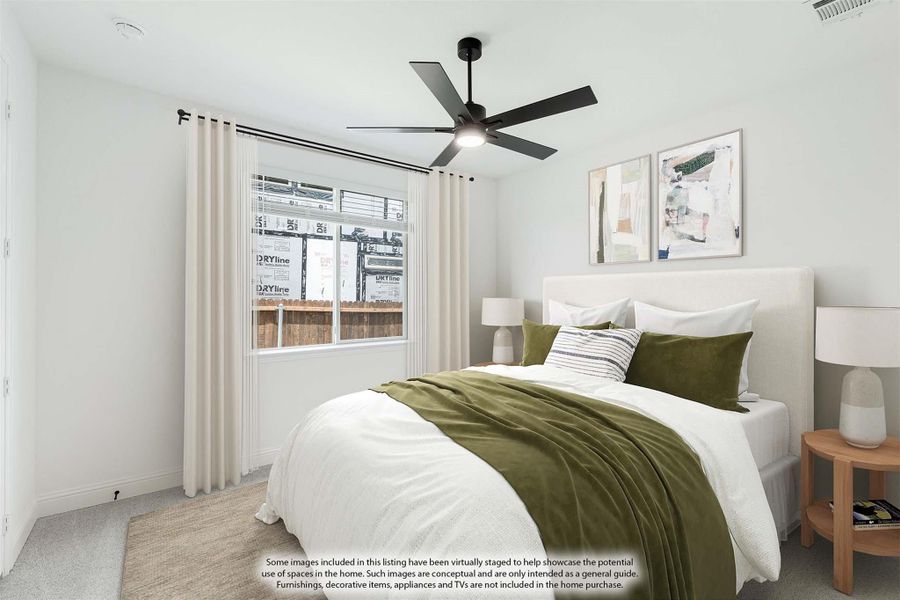 Bedroom with upholstered headboard, black ceiling fan, white walls, and a window with cream curtains