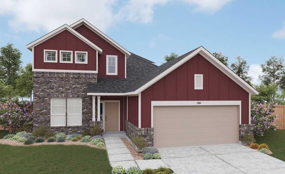 Front exterior of a new home in Mostyn Springs, Magnolia, TX, highlighting curb appeal (Image 1). Front exterior of a new home in Mostyn Springs, Magnolia, TX, highlighting curb appeal (Image 1).
