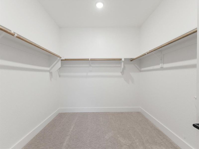 Spacious closet featuring light colored carpet