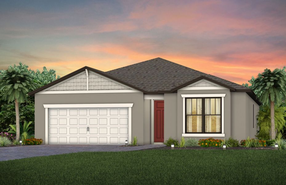 Front exterior of a new home in The Strand at Cedar Grove, North Port, FL, highlighting curb appeal (Image 22).