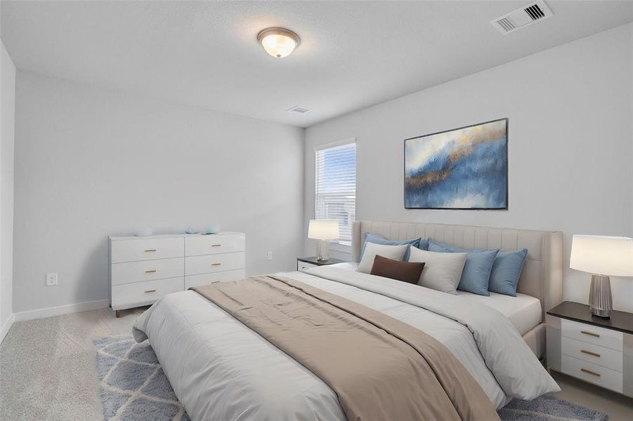 Secondary bedroom features plush carpet, custom paint and a large window.