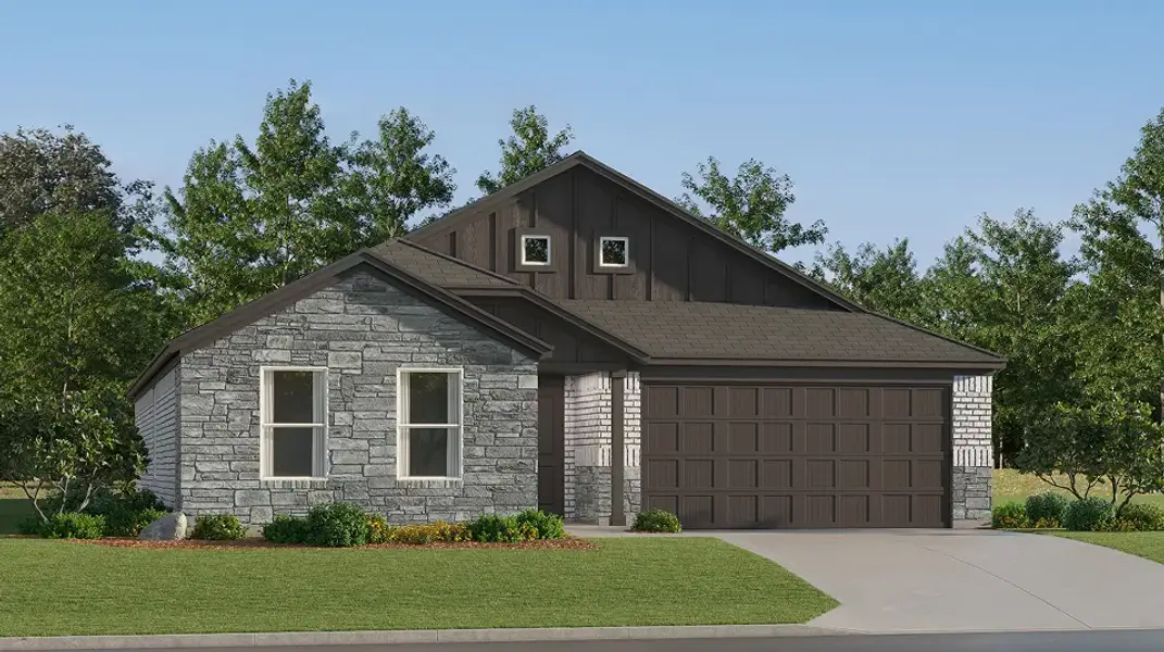 Front exterior of a new home in Highpointe Ranch, Aubrey, TX, highlighting curb appeal (Image 1). Front exterior of a new home in Highpointe Ranch, Aubrey, TX, highlighting curb appeal (Image 1).