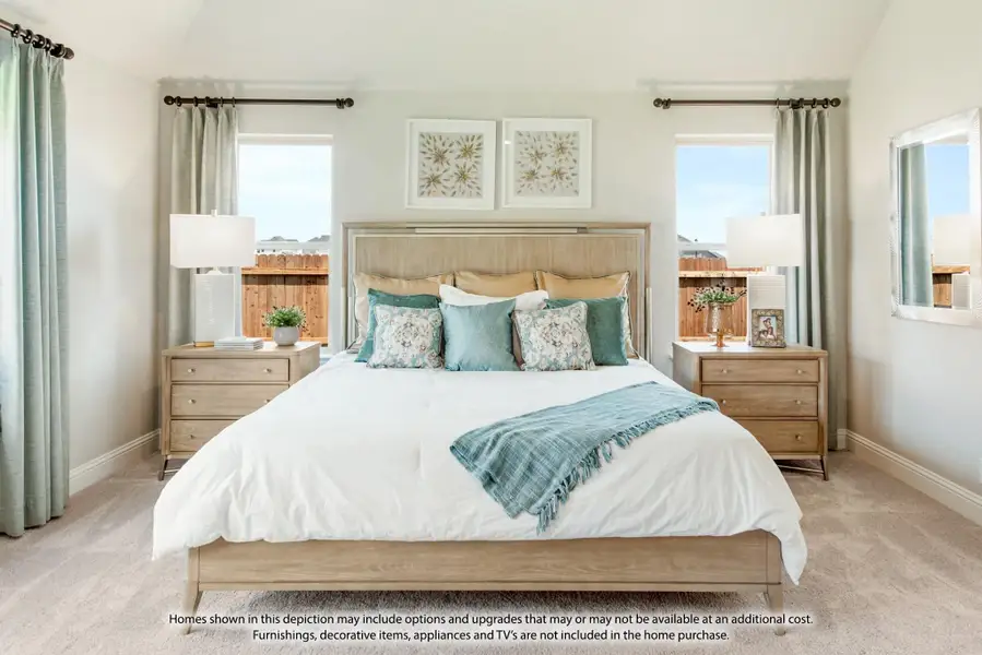 Bedroom with king-size bed, wood nightstands, and two windows with gray curtains Bedroom with king-size bed, wood nightstands, and two windows with gray curtains