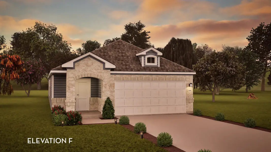Front exterior of a new home in Windrose Green, Angleton, TX, highlighting curb appeal (Image 2).