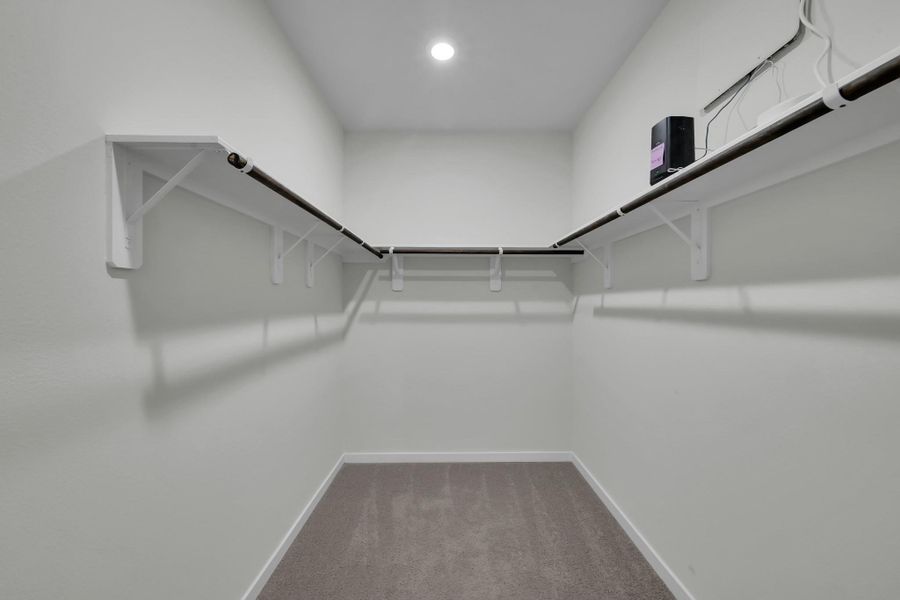 Generous walk-in closet with built-in-shelving and ample storage space. Generous walk-in closet with built-in-shelving and ample storage space.