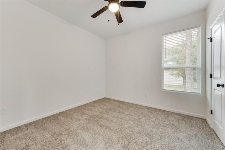 Carpeted spare room featuring ceiling fan and a wealth of natural light