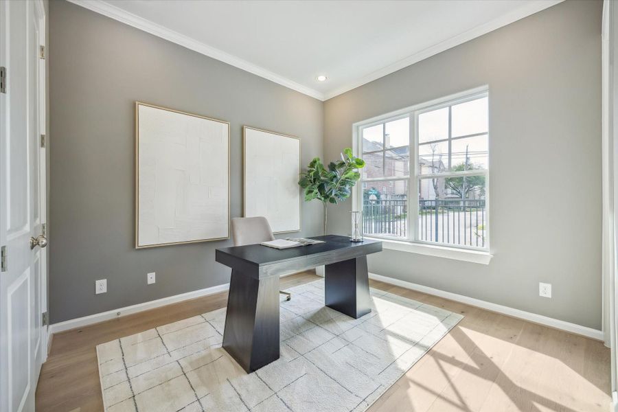 Bedroom #3 offers en-suite bath, engineered white oak wood flooring and recessed lighting.