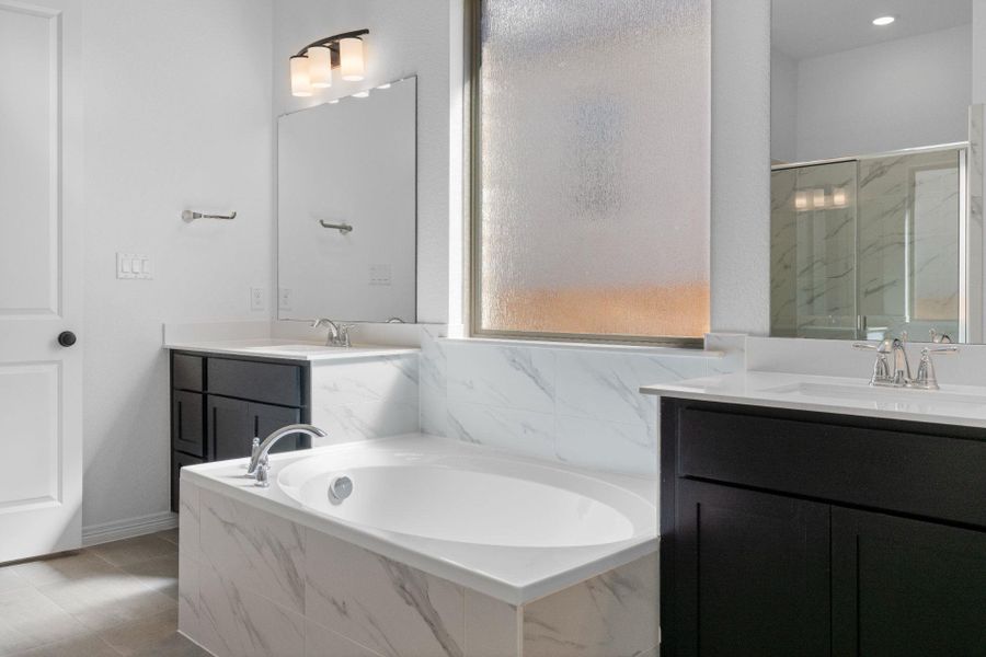 Primary Bath retreat with dual vanities & garden tub