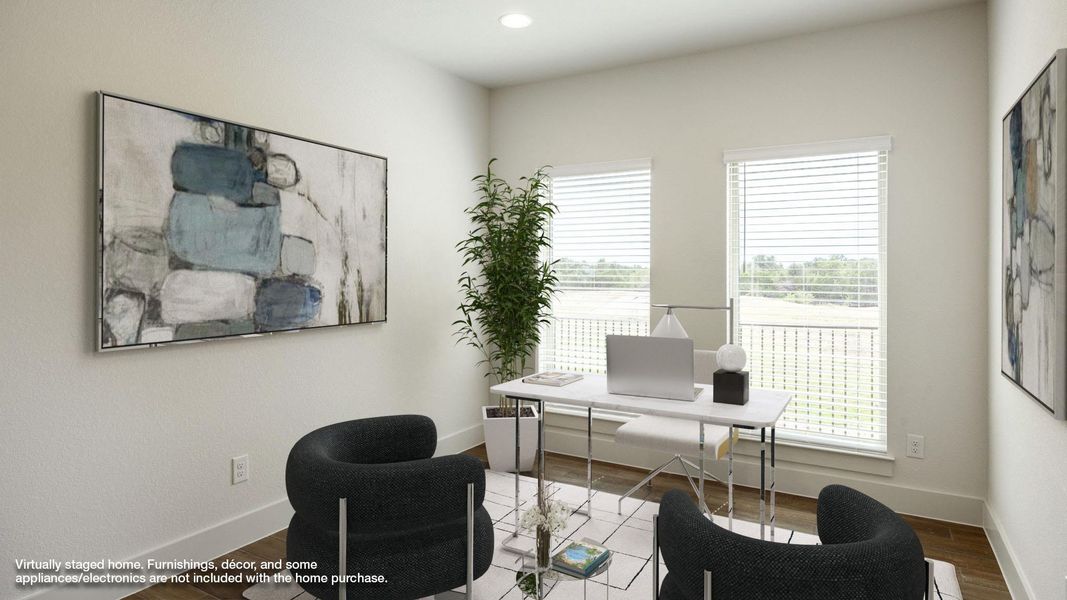 Home office with wood finished floors and recessed lighting