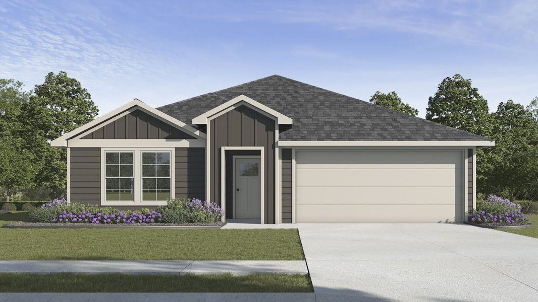 Representative exterior photo of a completed home built from the Texas Cali by D.R. Horton in Ranger Crossing, Princeton, TX (Image 11). Representative exterior photo of a completed home built from the Texas Cali by D.R. Horton in Ranger Crossing, Princeton, TX (Image 11).