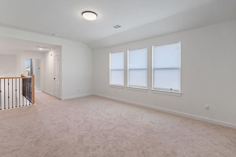 Expansive carpeted room featuring a white ceiling, three windows with roller shades, and a flush-mount ceiling light Expansive carpeted room featuring a white ceiling, three windows with roller shades, and a flush-mount ceiling light