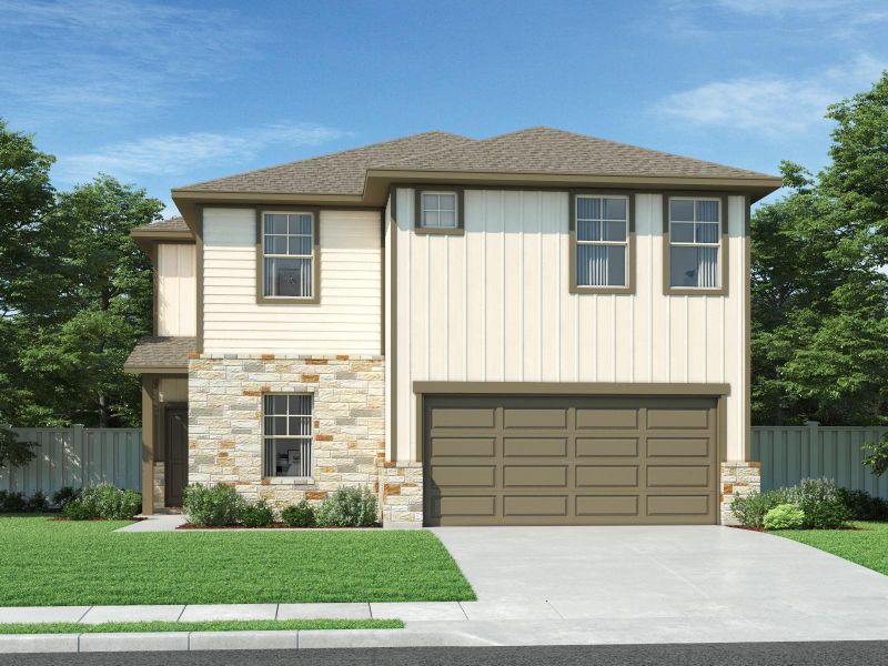 View of front of home with a shingled roof, a garage, concrete driveway, and stone siding