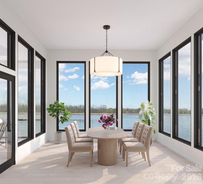 Rendering of dining room framed by large bronze Anderson windows