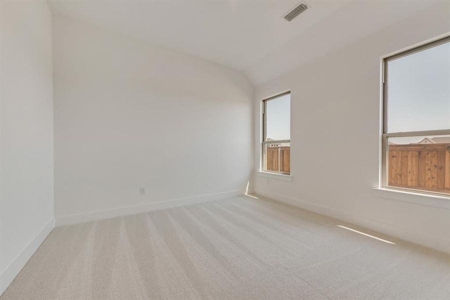Spare room with light colored carpet and lofted ceiling