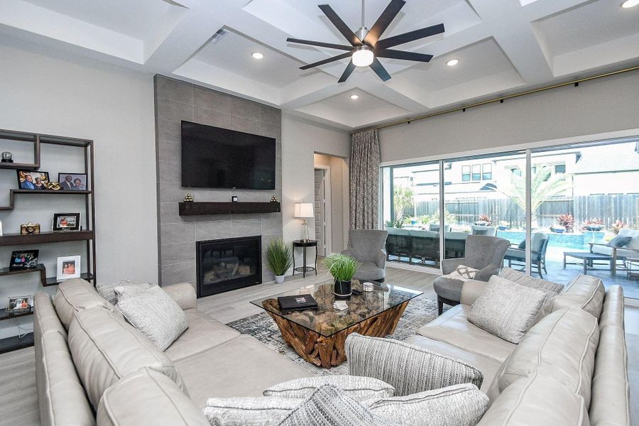 Gas log fireplace with floating mantel. Gas log fireplace with floating mantel.