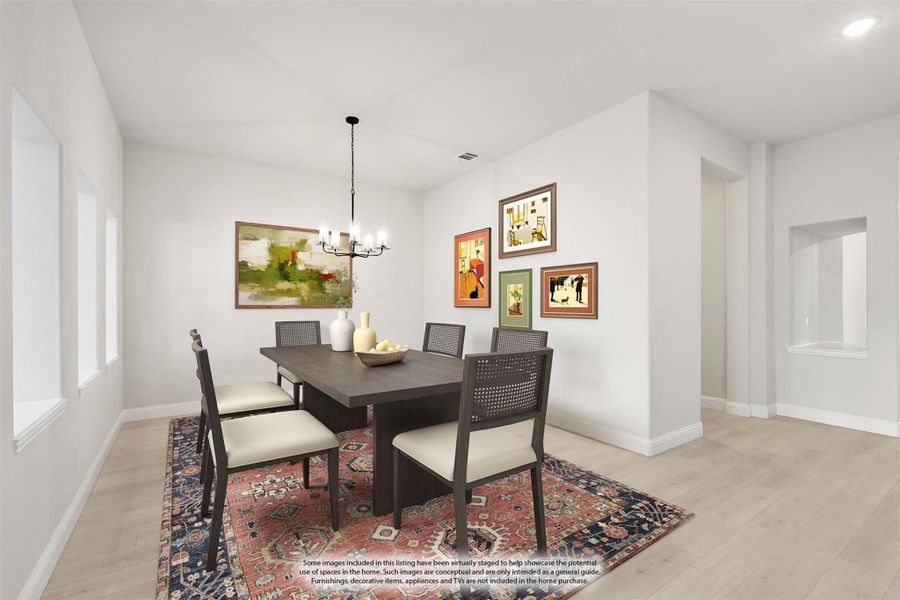 Dining room with dark wood table, six chairs, chandelier, and patterned area rug on light hardwood floors