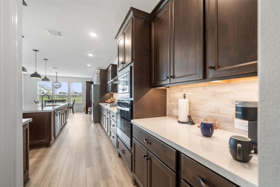 Walk-in pantry is to the left, across from the extended counter shown.