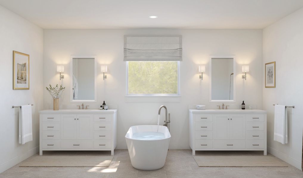 Primary bath with dual sinks and brushed nickel fixtures throughout