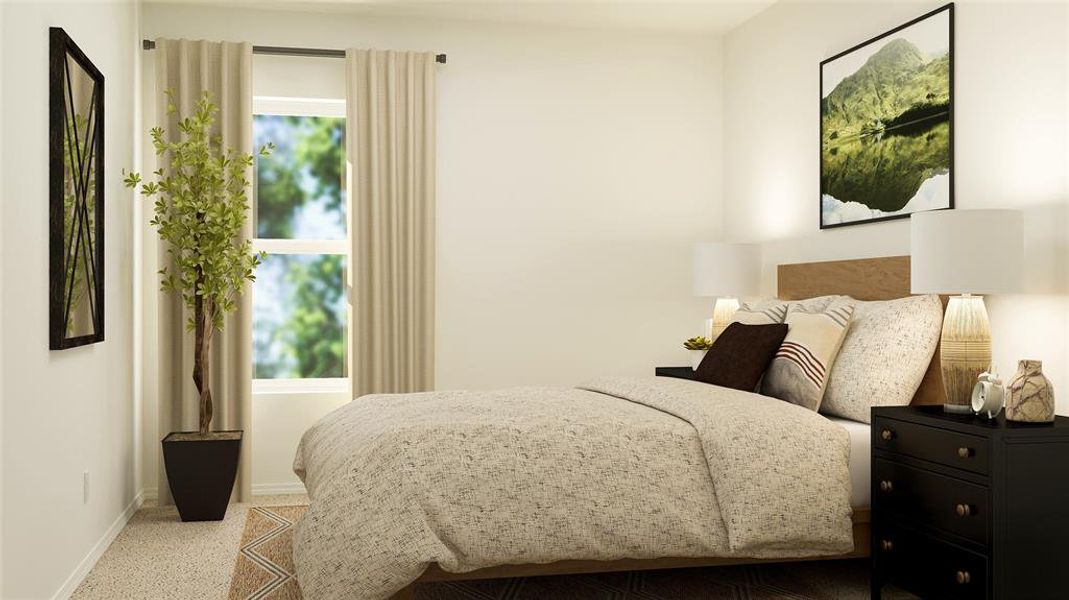 Bedroom with light colored carpet