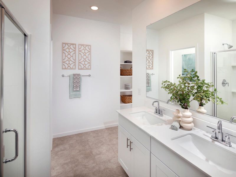 Walk-in shower and dual sinks in the primary bathroom